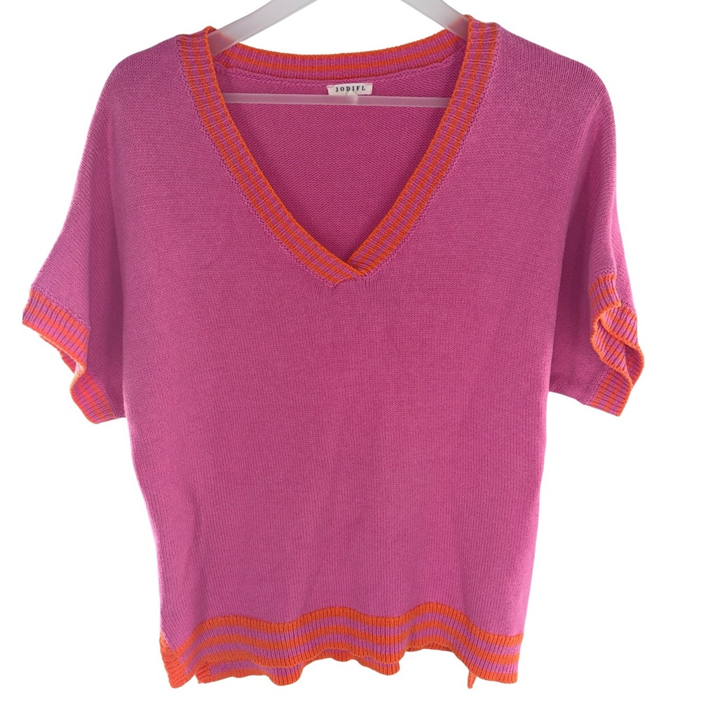 Jodifl V-Neck Short Sleeve Sweater Striped Trim Size Medium Pink Orange